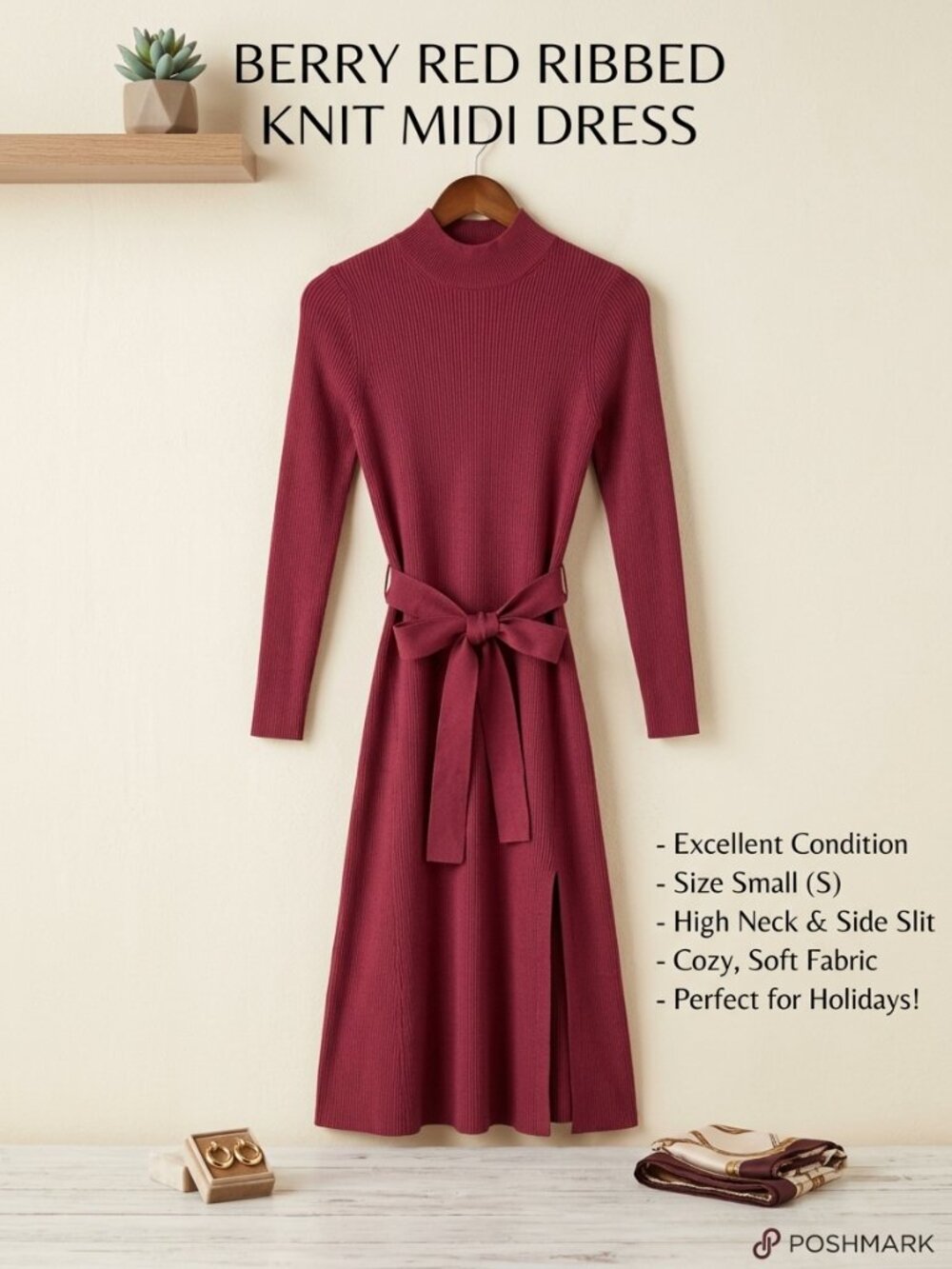 Forever New Berry Red Ribbed Knit Midi Dress Tie Waist Slit Mock Neck US 4 / S